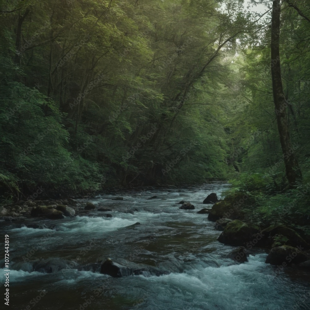 Forest River Flowing Through Lush Green Foliage in Tranquil Wilderness Forest River Flowing Through Lush Green Foliage in Tranquil Wilderness