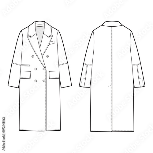 Front and back views of a double-breasted overcoat with lapels and structured sleeves in black and white vector illustration.
