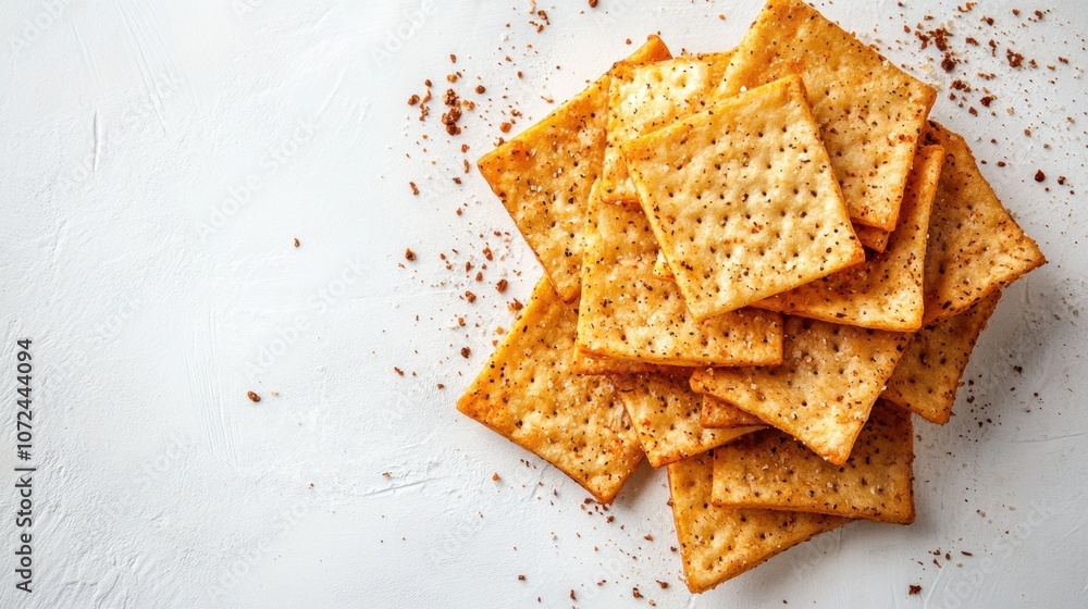 A delightful arrangement of golden crackers stacked artfully on a light background inviting a tasty snack option at any time A delightful arrangement of golden crackers stacked artfully on a light background inviting a tasty snack option at any time