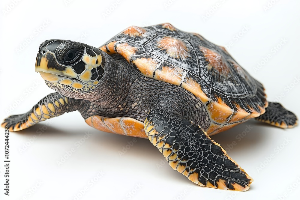 Obraz premium Realistic sea turtle with intricate patterns on a minimalist white background