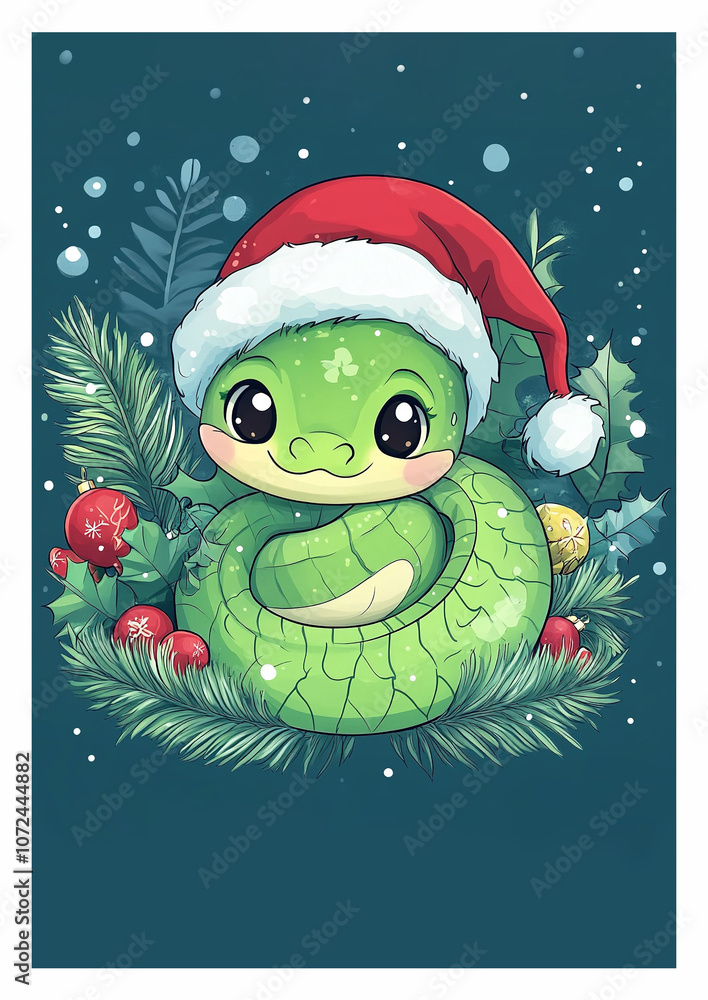 Vertical greeting card of a cheerful cartoon green snake in a santa hat , space for text. Vertical greeting card of a cheerful cartoon green snake in a santa hat , space for text.