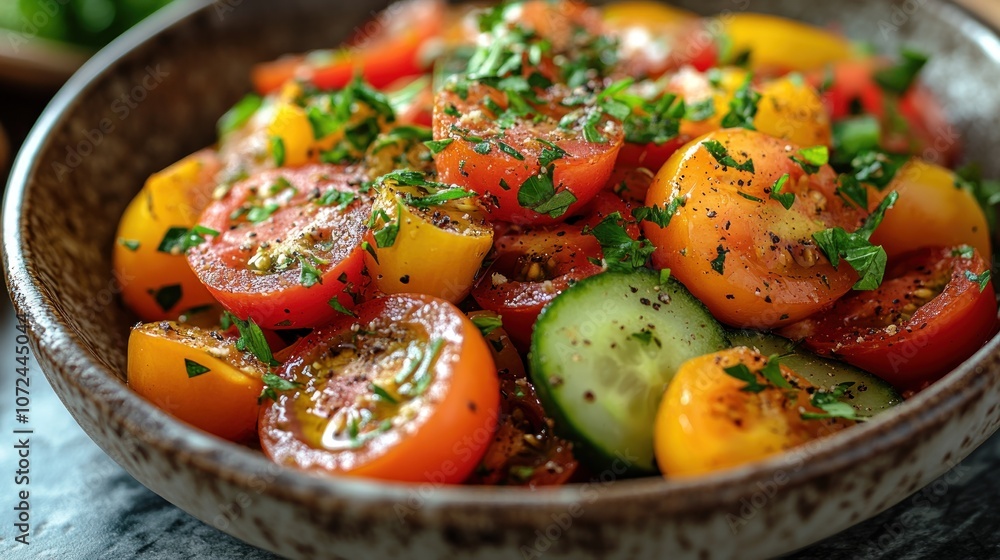 Fresh salad with colorful tomatoes and cucumbers, garnished with herbs. Fresh salad with colorful tomatoes and cucumbers, garnished with herbs.