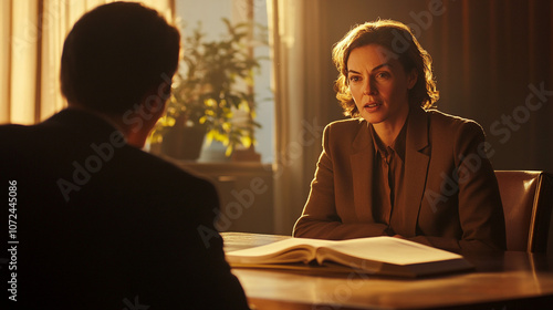 Woman in Brown Suit Talking to Man in Office Setting