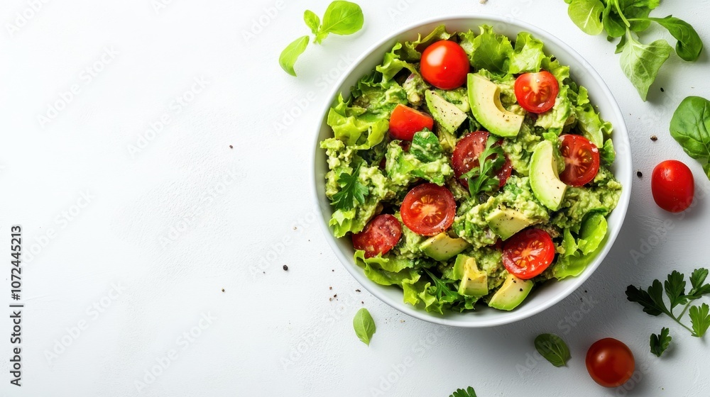 Fresh and vibrant salad bowl with cherry tomatoes and avocado garnished with greens on a light background Fresh and vibrant salad bowl with cherry tomatoes and avocado garnished with greens on a light background