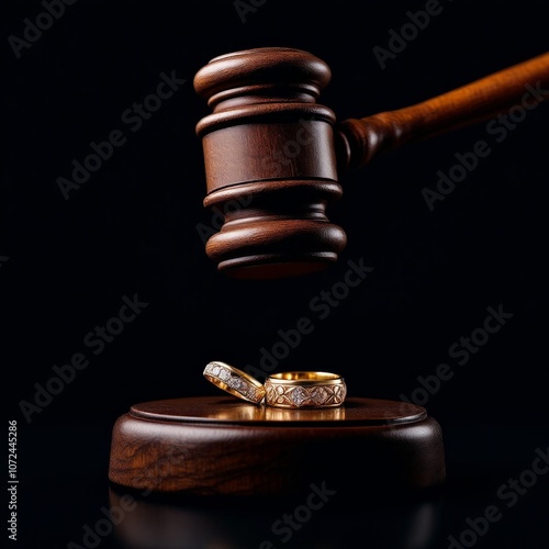 Divorce process. Gavel and wedding rings on wooden table, closeup. Space for text photo