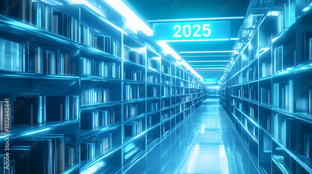 Library with a 2025 banner above a row of futuristic looking bookshelves symbolizing knowledge Library with a 2025 banner above a row of futuristic looking bookshelves symbolizing knowledge