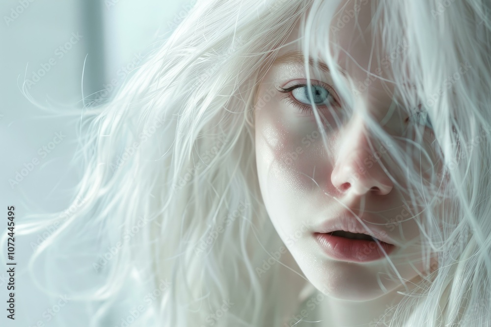 Close up portrait of albino model with white hair blowing in the wind Close up portrait of albino model with white hair blowing in the wind