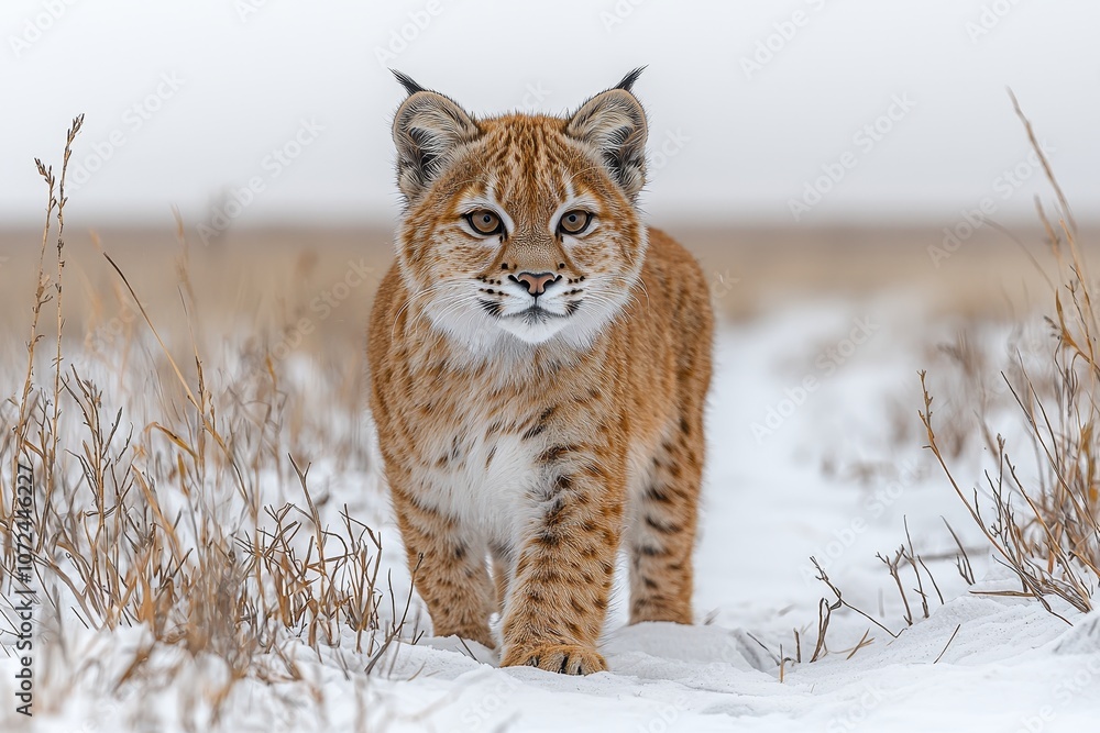 Obraz premium Majestic eurasian lynx walking through snow-covered landscape in winter