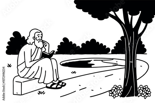 Old man philosopher sitting under the tree and writing philosophical treatises. Line art illustration