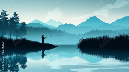 Silhouette of a fisherman casting a line in a lake with a mountain range in the background.