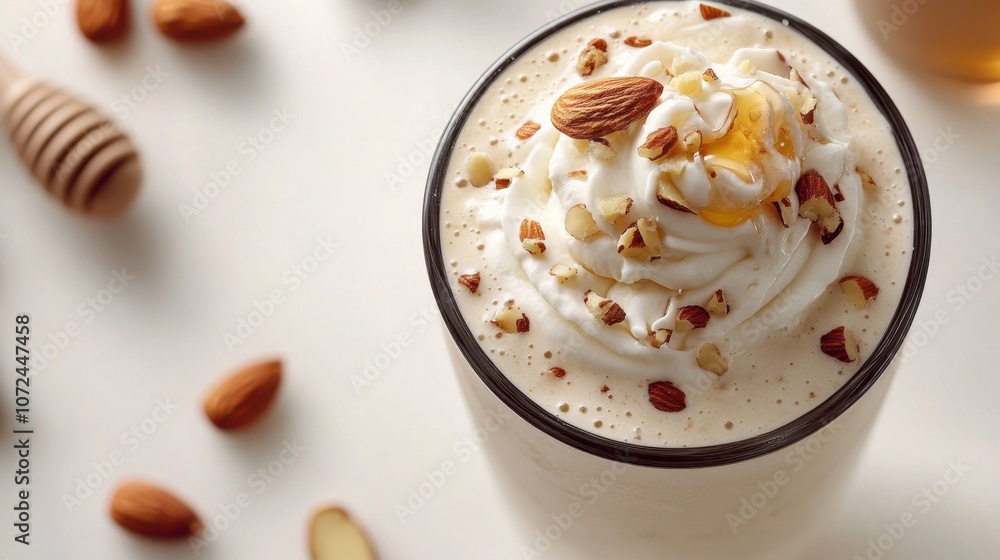 Creamy almond milkshake topped with whipped cream and nuts in a cozy kitchen setting during afternoon hours Creamy almond milkshake topped with whipped cream and nuts in a cozy kitchen setting during afternoon hours