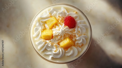 Delightful tropical dessert topped with fresh pineapple, raspberry, and whipped cream on a sunny day