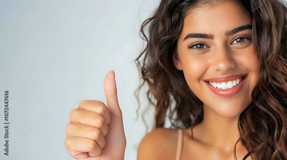 Young mixed race woman with curly hair showing thumbs up gesture and bright sincere smile, perfect for advertising, social media, or dental care promotion. Young mixed race woman with curly hair showing thumbs up gesture and bright sincere smile, perfect for advertising, social media, or dental care promotion.
