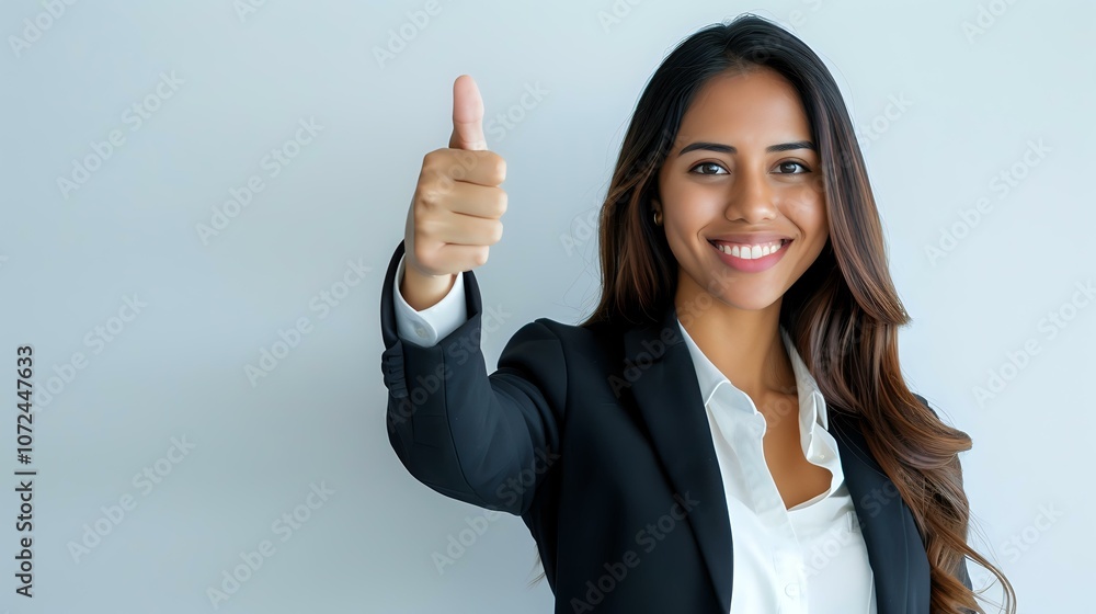 Young mixed race businesswoman in black blazer showing thumbs up gesture with confident smile against light background, perfect for corporate success concepts.
