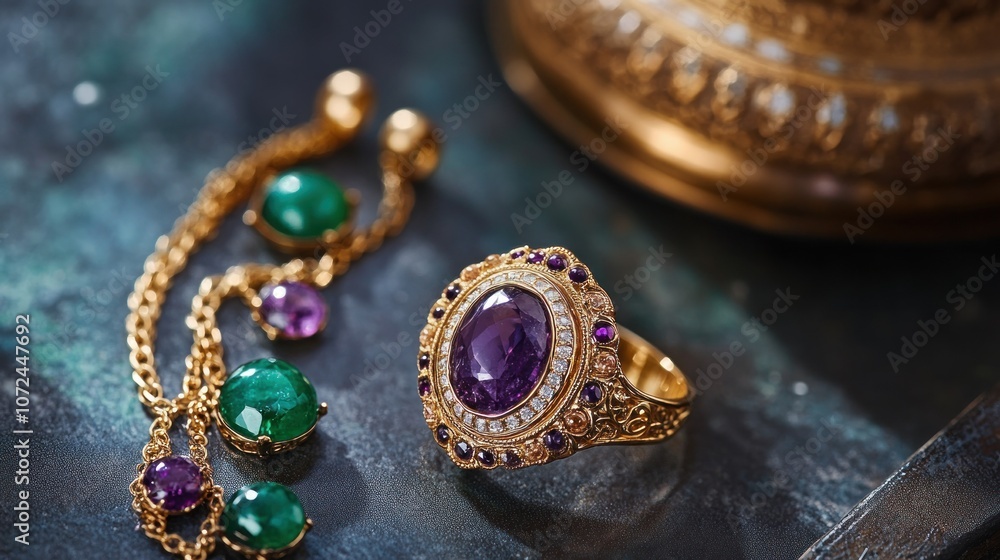 Amethyst Ring with Emerald and Gold Jewelry Amethyst Ring with Emerald and Gold Jewelry