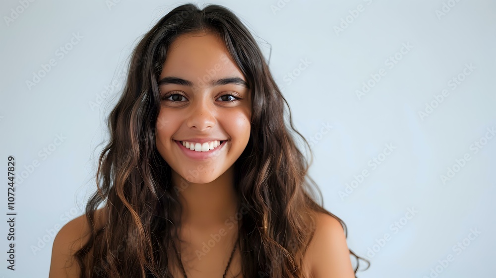 Naklejka premium Young Hispanic woman with long wavy dark hair and bright genuine smile against light background, perfect for lifestyle, beauty, dental and wellness advertising.