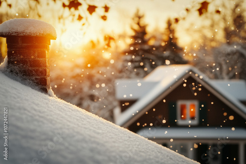 Snowy Rooftop With A Chimne...