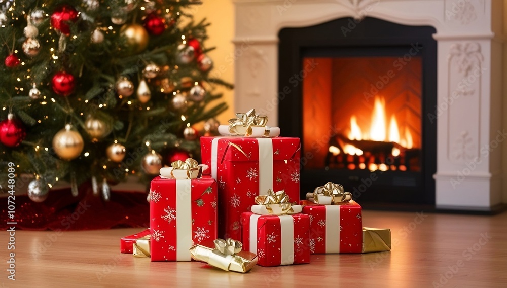 wrapped gift as its centerpiece, set against the enchanting backdrop of a shimmering Christmas tree created with generative ai wrapped gift as its centerpiece, set against the enchanting backdrop of a shimmering Christmas tree created with generative ai