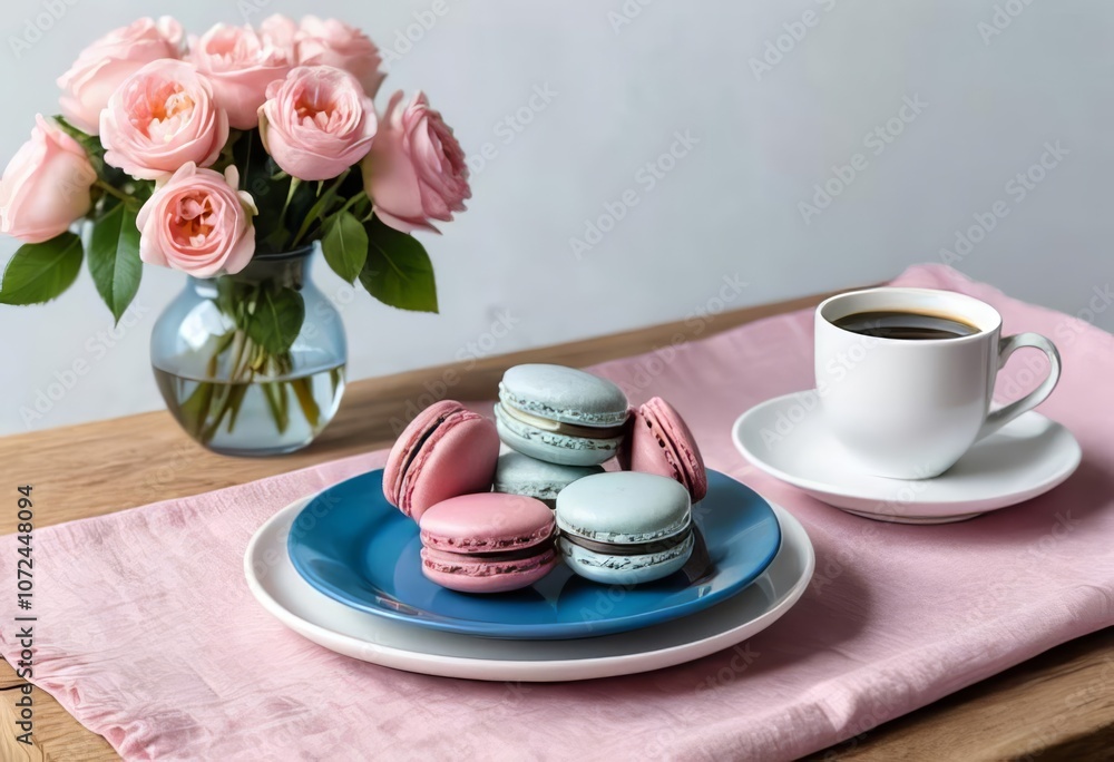 A plate of blue macarons, a cup of coffee, and a vase of flowers on a wooden table with a pink tablecloth A plate of blue macarons, a cup of coffee, and a vase of flowers on a wooden table with a pink tablecloth