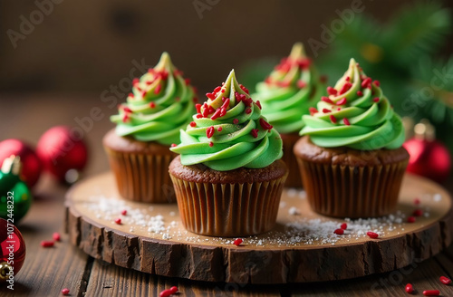 Christmas cupcakes decorated with green cream and sprinkles on wooden background