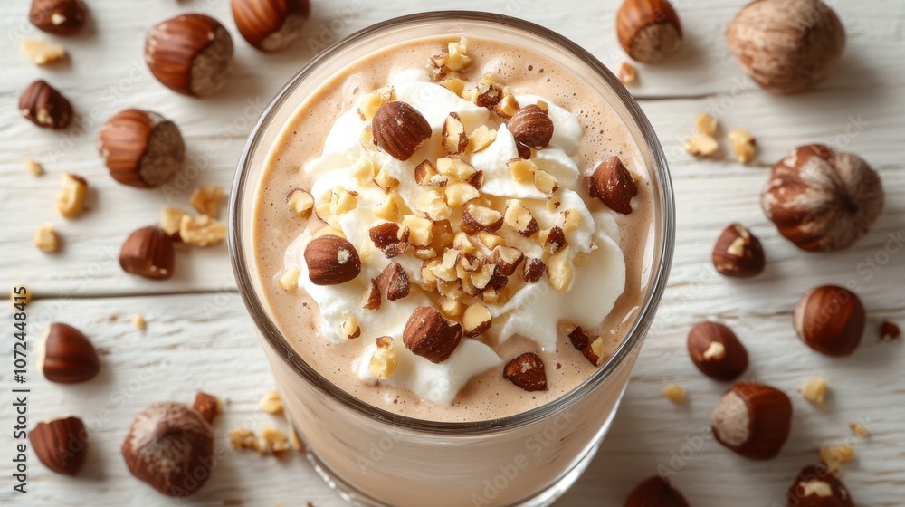 Creamy nutty beverage topped with whipped cream and chopped hazelnuts on a rustic wooden table in natural light Creamy nutty beverage topped with whipped cream and chopped hazelnuts on a rustic wooden table in natural light