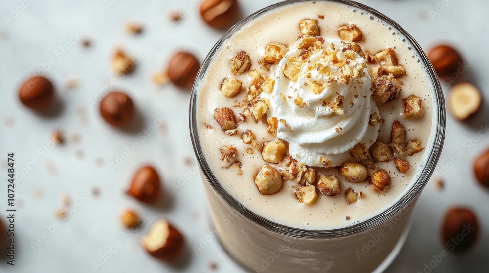 Indulging in a creamy hazelnut drink topped with whipped cream and crushed nuts on a cozy afternoon Indulging in a creamy hazelnut drink topped with whipped cream and crushed nuts on a cozy afternoon