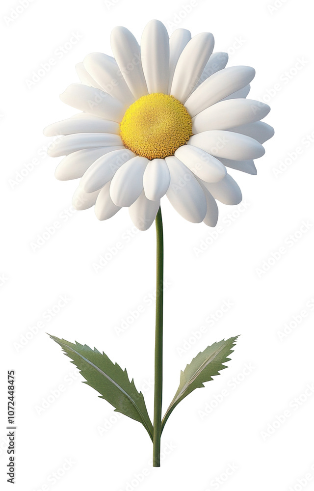 Tall white daisy with a long green stem and leaves on transparent background, perfect for botanical illustrations. Tall white daisy with a long green stem and leaves on transparent background, perfect for botanical illustrations.