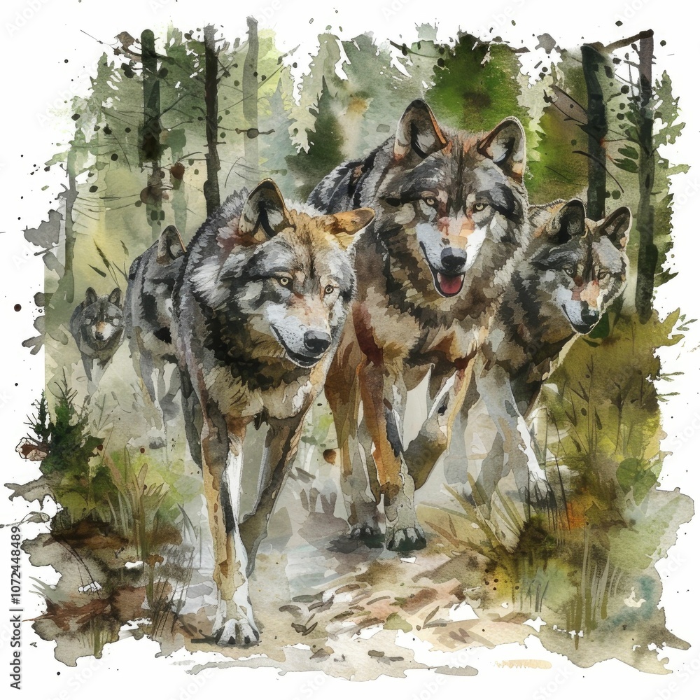 A captivating painting of wolves moving through a lush forest landscape. A captivating painting of wolves moving through a lush forest landscape.