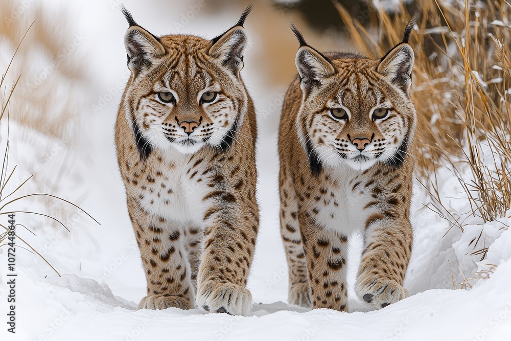 Twin lynxes walking through snow-covered wilderness Twin lynxes walking through snow-covered wilderness