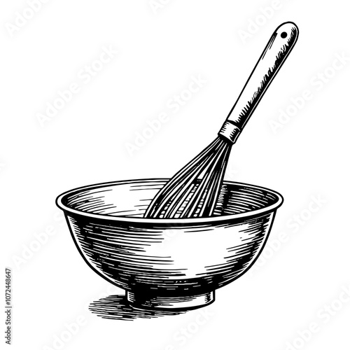 Mixing Bowl with Whisk Black and White Hand-Drawn Sketch