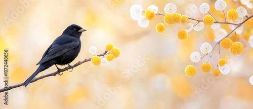 A black bird sitting on a branch with yellow flowers