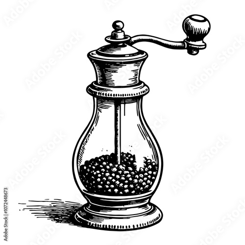 Vintage pepper mill illustration in black and white ink