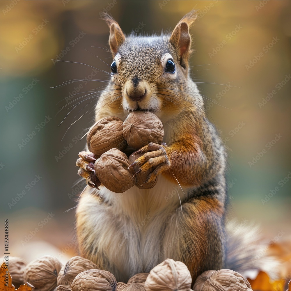 A charming squirrel holding multiple walnuts in a colorful autumn setting. A charming squirrel holding multiple walnuts in a colorful autumn setting.