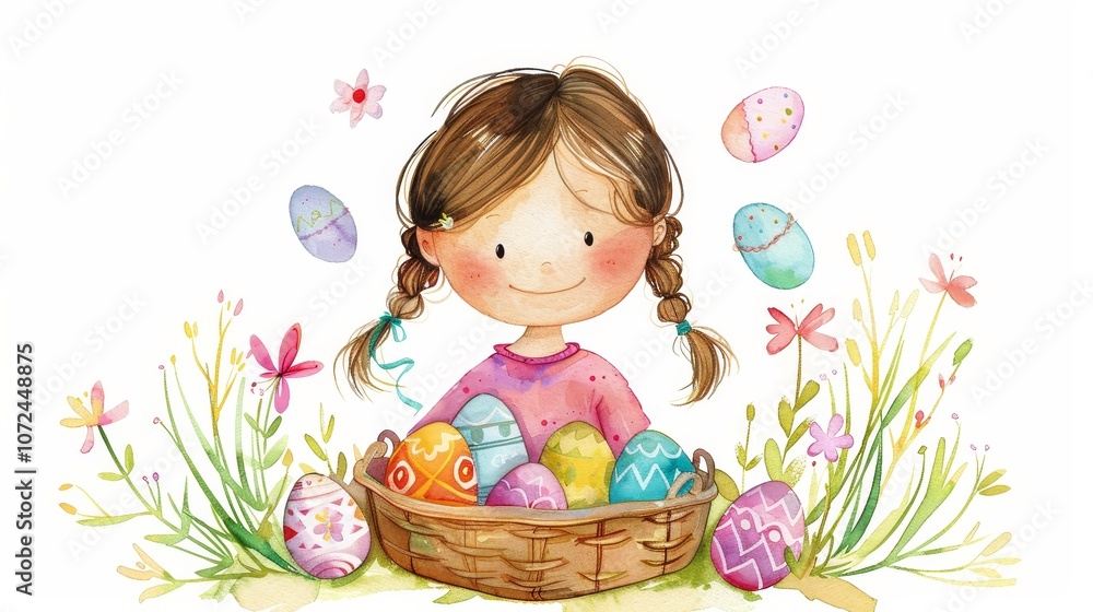 A cheerful girl collecting colorful eggs in a basket surrounded by flowers. A cheerful girl collecting colorful eggs in a basket surrounded by flowers.