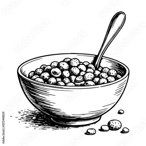Bowl of Cereal with Spoon Black and White Illustration