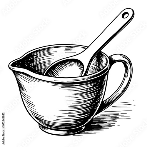 Vintage measuring cups illustration in black and white ink