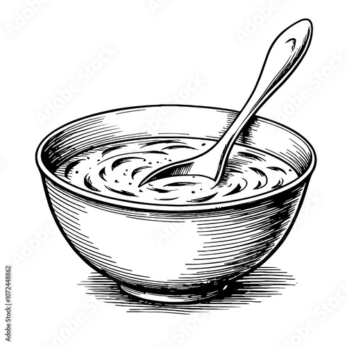 Black and white ink illustration of steaming soup bowl