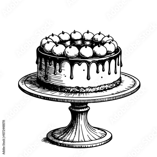 Vintage cake stand illustration in black and white ink