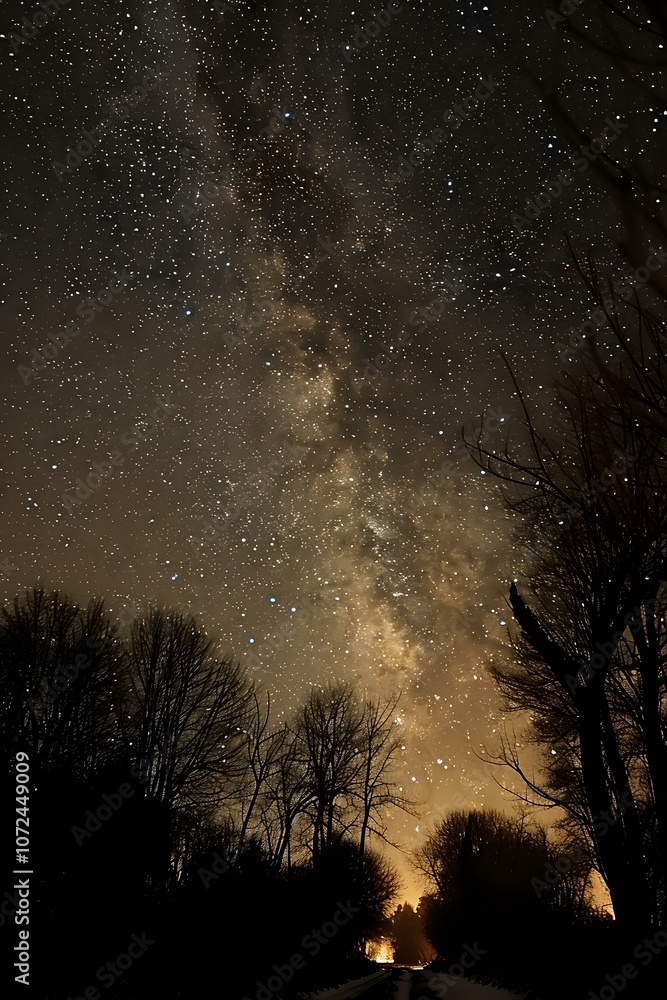 Stunning night sky with vibrant Milky Way galaxy visible above dark silhouettes of trees, perfect for astronomy, nature photography, and stargazing themes. Stunning night sky with vibrant Milky Way galaxy visible above dark silhouettes of trees, perfect for astronomy, nature photography, and stargazing themes.