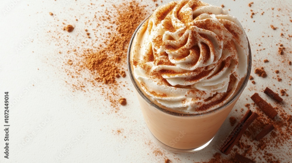 Creamy spiced beverage topped with swirls of whipped cream and sprinkled cinnamon on a rustic background Creamy spiced beverage topped with swirls of whipped cream and sprinkled cinnamon on a rustic background