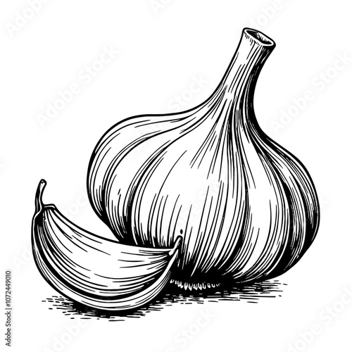 Black and white ink illustration of clove garlic