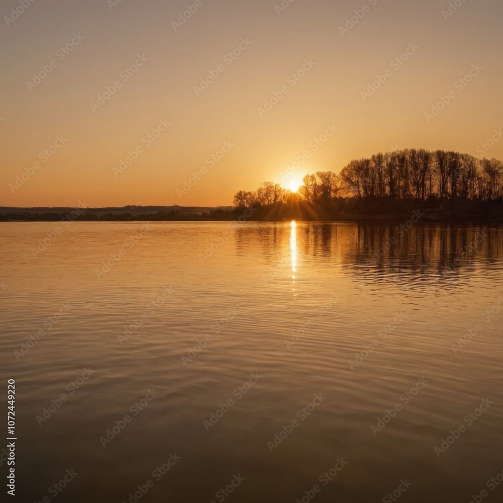 Obraz premium Serene Sunset Over Calm Lake with Silhouetted Trees and Warm Orange Sky Reflection 