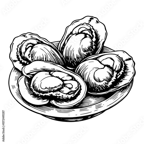 Baked clams ink illustration in black and white