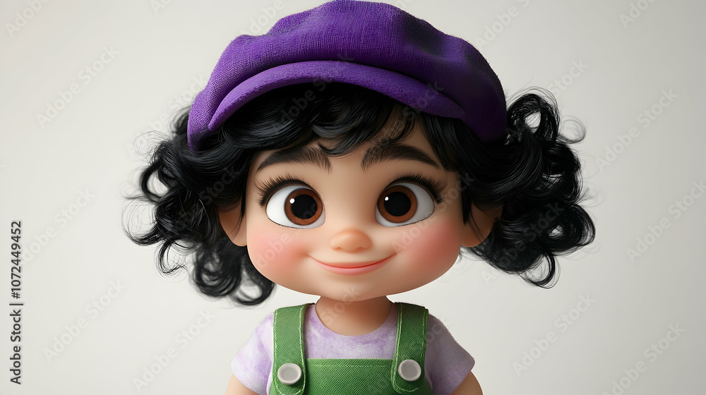 A cute cartoon girl with curly black hair, big brown eyes, and a purple hat smiles at the camera. A cute cartoon girl with curly black hair, big brown eyes, and a purple hat smiles at the camera.