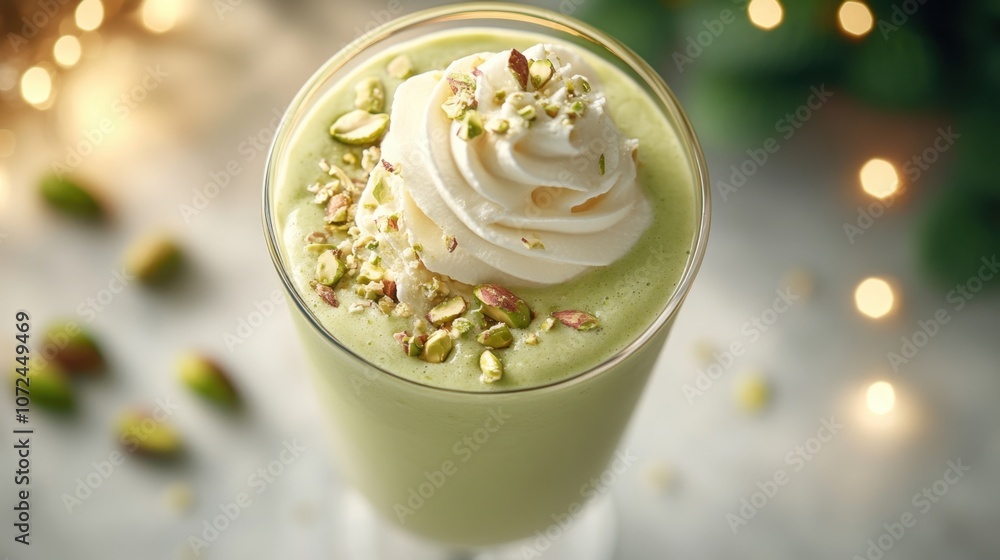 Refreshing green smoothie topped with whipped cream and pistachios in an inviting setting with ambient lighting Refreshing green smoothie topped with whipped cream and pistachios in an inviting setting with ambient lighting