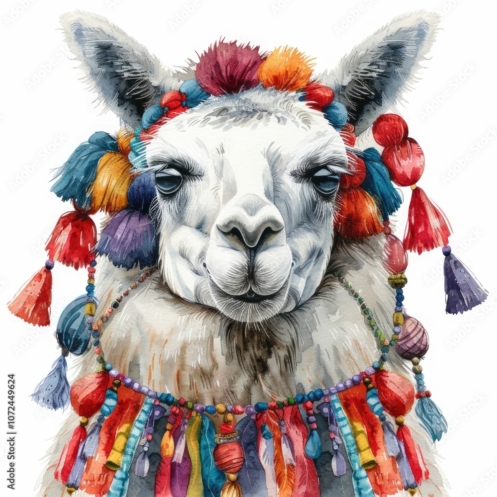 Naklejka premium A colorful llama adorned with vibrant traditional decorations and tassels.