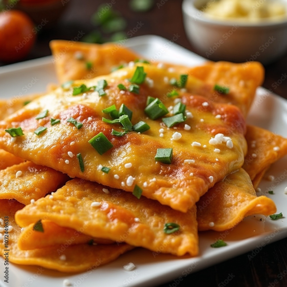 Golden lángos topped with cheese and herbs served on a white plate Golden lángos topped with cheese and herbs served on a white plate