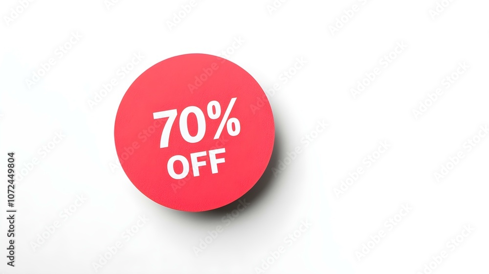 White '70% OFF' Text on a Light Red Round Paper Note. White Background with Copy Space White '70% OFF' Text on a Light Red Round Paper Note. White Background with Copy Space