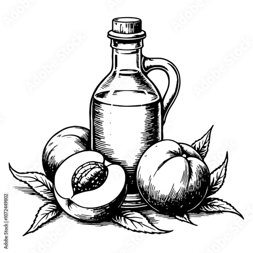 Black and white ink illustration of peach nectar