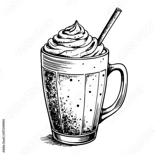 Mocha frappe sketch in black and white ink illustration